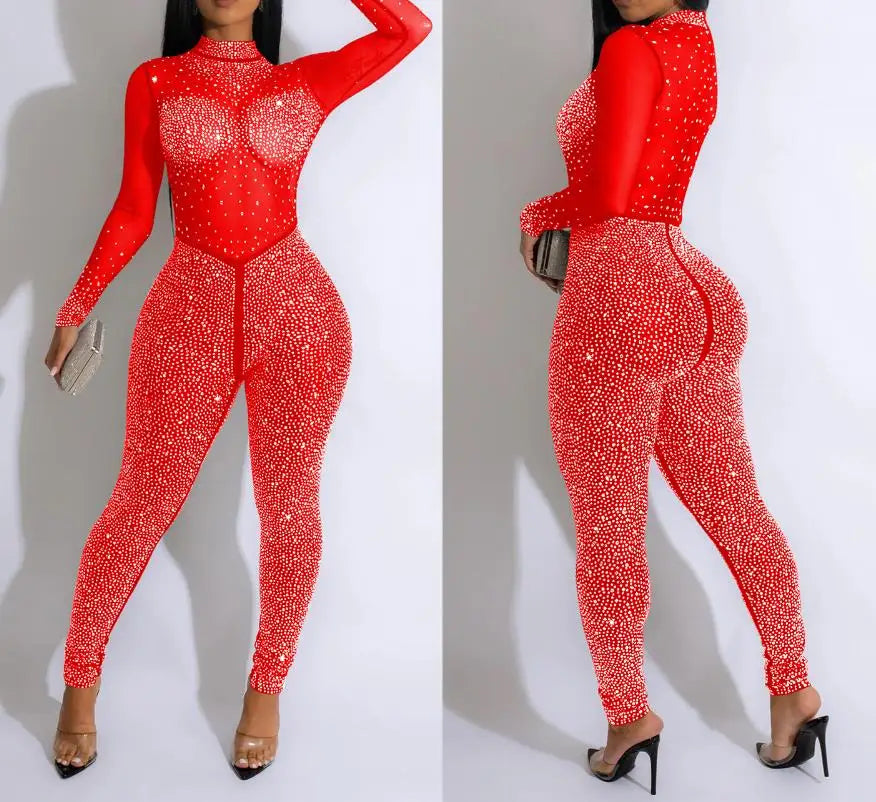 Sexy Party Jumpsuits Women 2024 Autumn Solid Mesh Diamond Fashion Long Sleeve Pants Jumpsuit Clubwear Female Overalls Streetwear