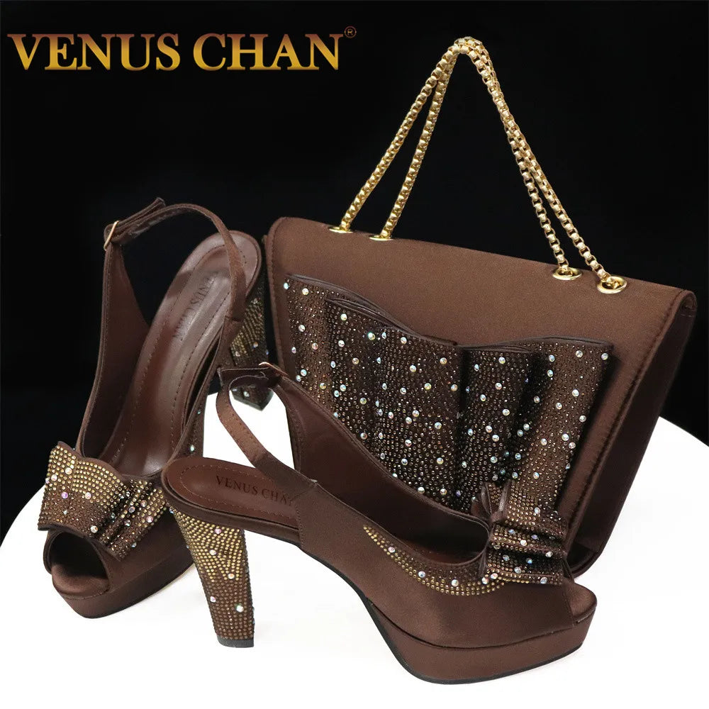 Venus Chan Women High Heels Sandals Printing Flower Material with Rhinestone Italian Design Coffee Color Open-Toed Shoes