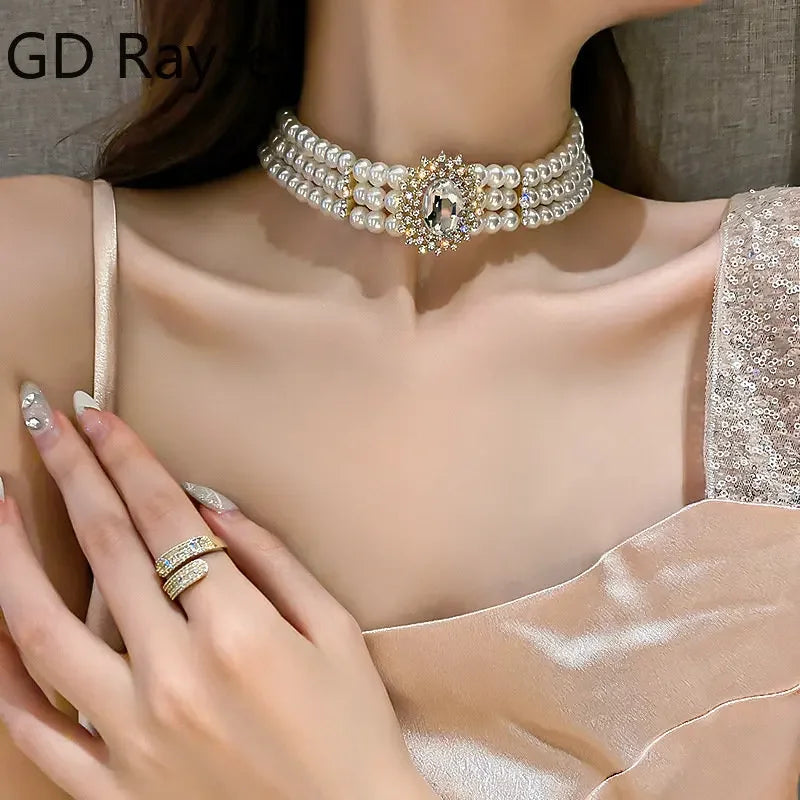 New Elegant Baroque Pearl Multi-layer Necklace for Women Party Wedding Vintage Fashion Luxury Zircon Bracelet Choker Jewelry Set